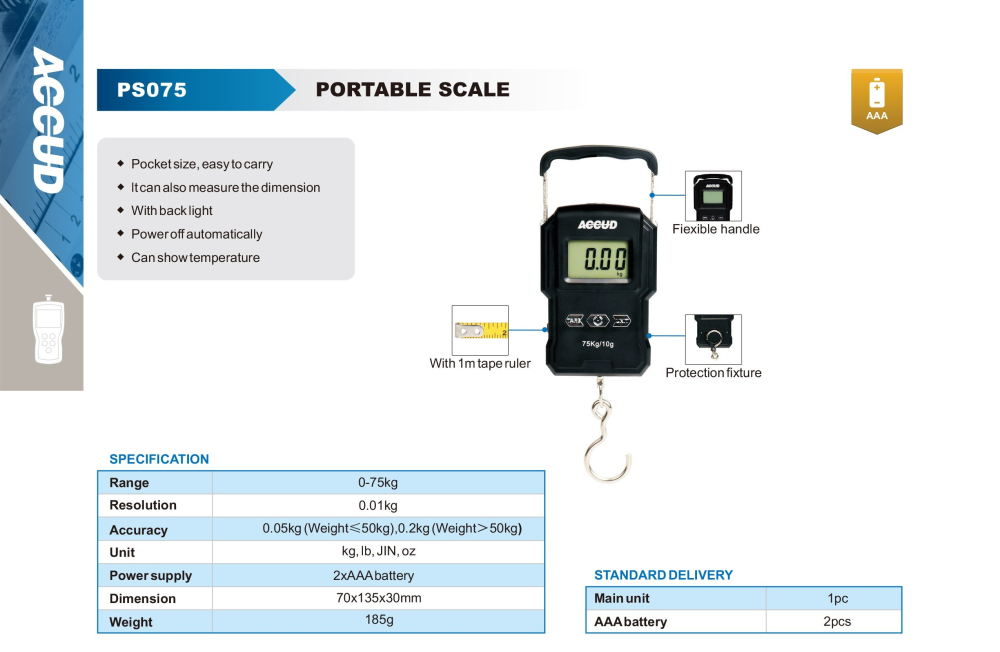 Cantar digital cu carlig PS075 ACCUD 75kg x 0.01kg, ruleta 1m, afisaj iluminat [2]