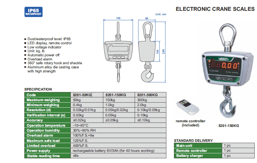 Cantar electronic cu carlig pentru macara INSIZE, 150 kg, IP65, LED, telecomanda [2]