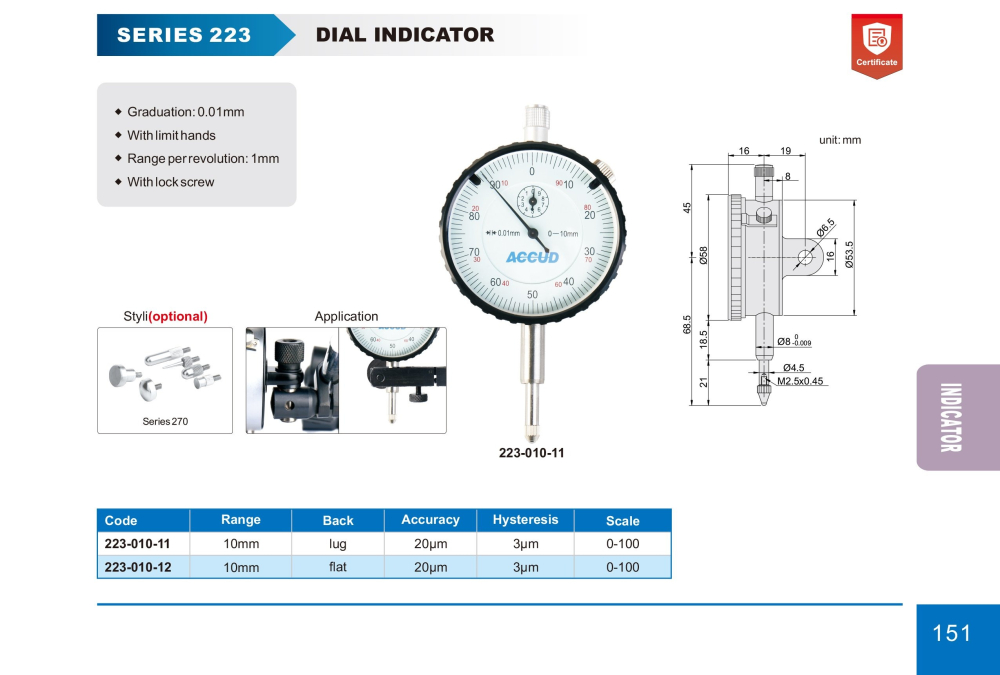 Ceas comparator mecanic ACCUD 0–10 mm x 0,01 mm, precizie 0,02 mm [2]
