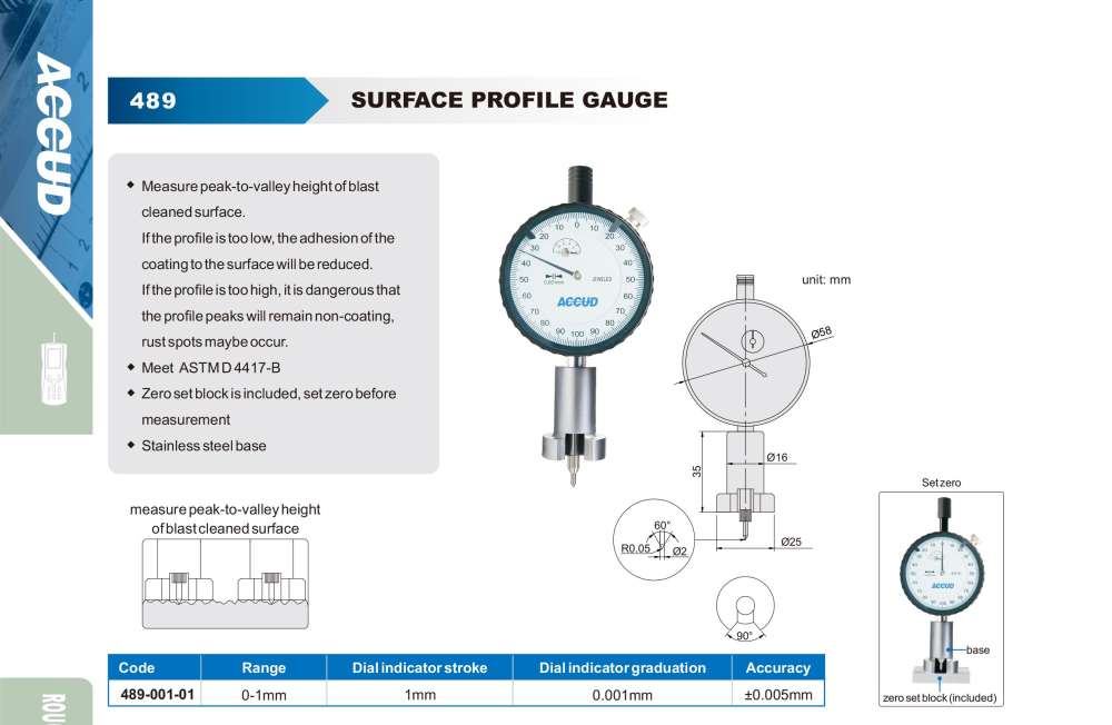 Ceas comparator mecanic ACCUD 489-001-01 de profil pentru suprafete, 0-1mm, rezolutie 0,001mm [2]