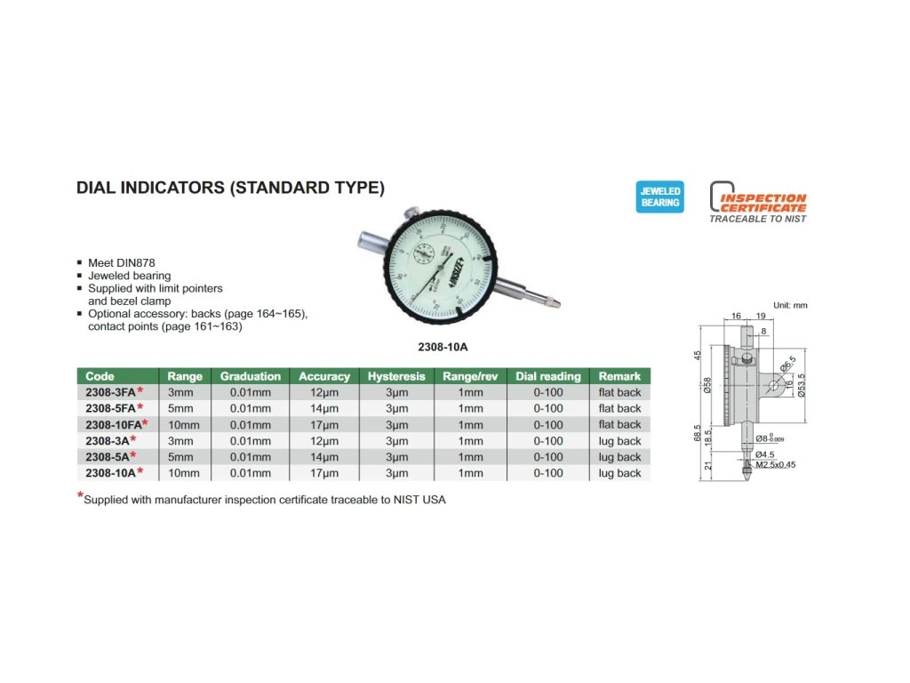 Ceas comparator mecanic INSIZE 10 mm, rezolutie 0,01mm, precizie +/-17µm, rotatie 1mm, indicatori de limita [2]
