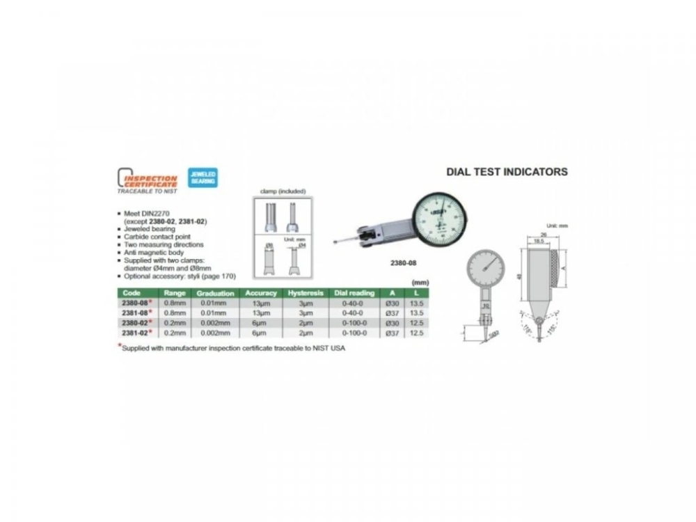 Ceas comparator mecanic pupitast orizontal INSIZE domeniu 0,2mm, rezolutie 0,002mm, cadran ø30mm, inversare sens [2]