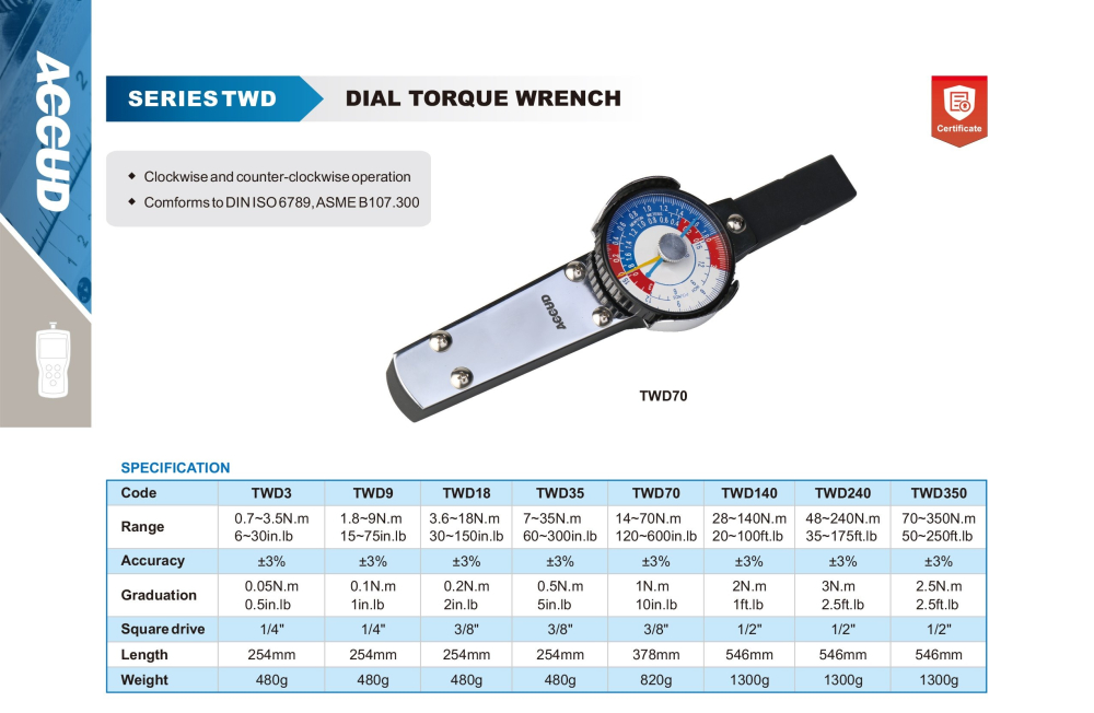 Cheie dinamometrica cu ceas comparator ACCUD TWD35, 7-35 Nm, 3/8", pentru strangere stanga/dreapta [2]
