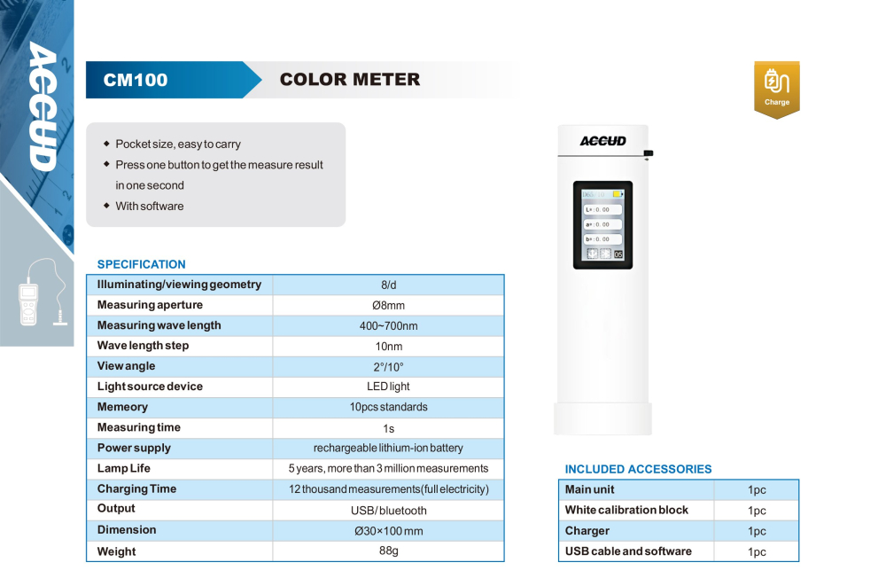 Colorimetru portabil de buzunar ACCUD CM100, apertura de masura Ø8mm, geometrie 8/d, spectru 400-700nm, conectivitate USB si Bluetooth, acumulator reincarcabil [2]
