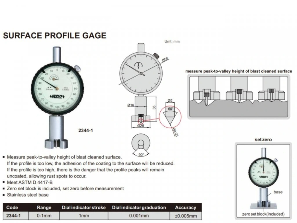 Comparator mecanic planeitate Insize 1 mm, gradatie 0.001 mm, ASTM D 4417-B [3]