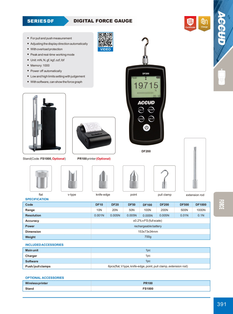 Dinamometru digital de precizie ACCUD DF1000 interval 1000N, rezolutie 0.1 N [2]