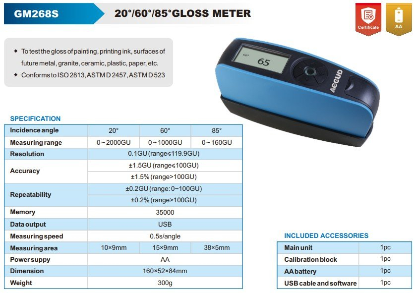 Glossmetru portabil multi-unghi ACCUD GM268S 20°/60°/85°, masurare pana la 2000GU, rezolutie 0.1GU, memorie 35000 inregistrari, USB si software inclus [2]