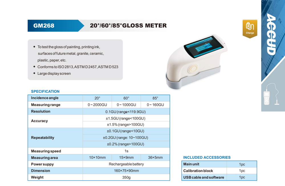 Glossmetru portabil multi-unghi ACCUD GM268 20°/60°/85°, masurare pana la 2000GU, rezolutie 0.1GU, baterie reincarcabila, conectivitate USB si software inclus [2]