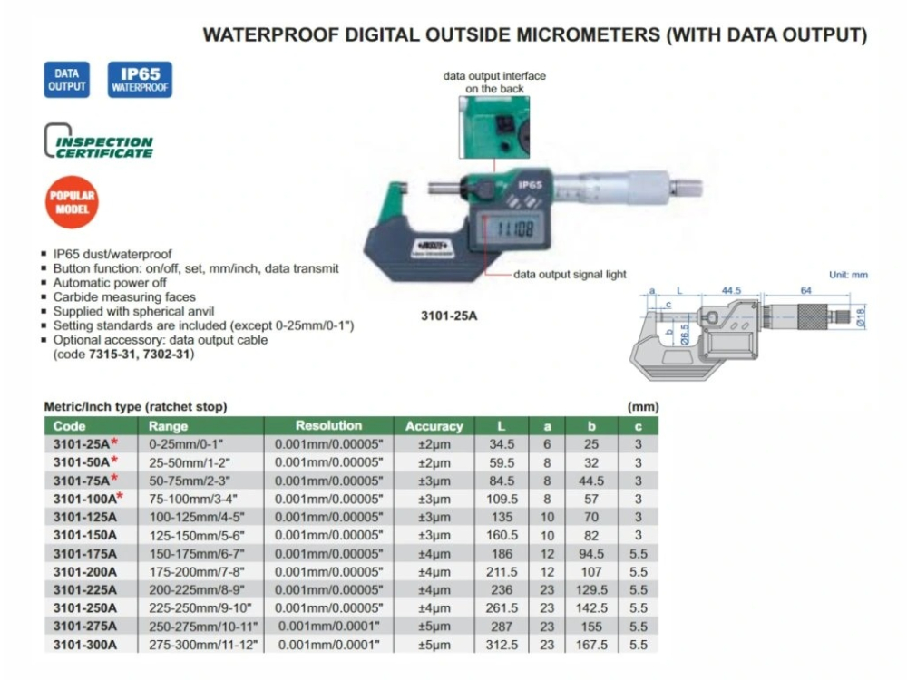 Micrometru digital de exterior INSIZE 0-25mm x 0,001mm, tambur cu clichet, iesire date, IP65 [2]