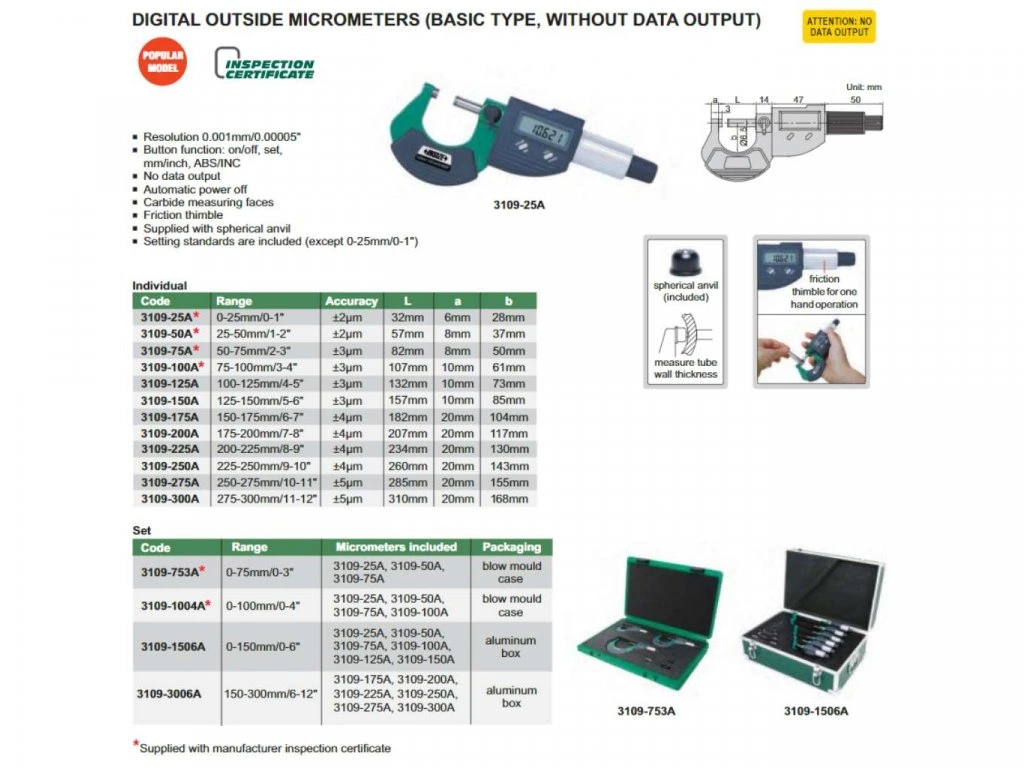 Micrometru digital de exterior INSIZE 0-25mm, rezolutie 0,001mm, precizie +/-2µm [2]