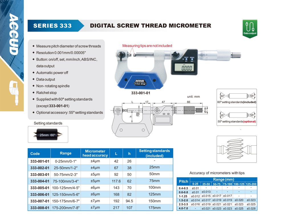 Micrometru digital pentru filete ACCUD 333-001-01, interval 0-25mm, rezolutie 0.001mm [2]