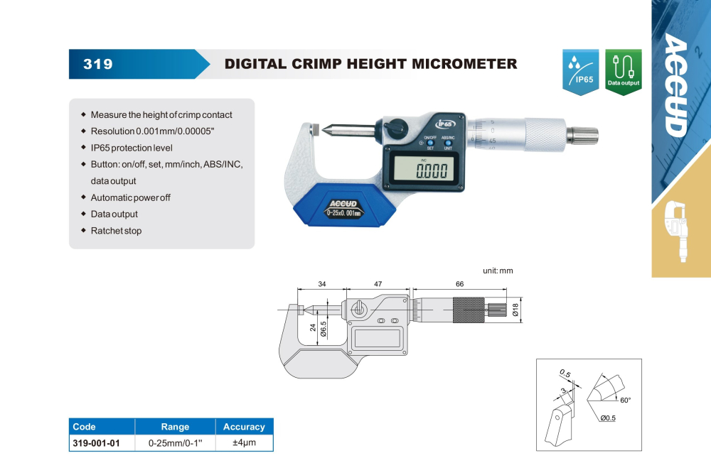 Micrometru digital pentru inaltime sertizare ACCUD 319-001-01, 0-25mm, rezolutie 0.001mm, IP65 [2]