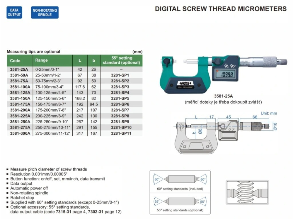 Micrometru digital filete exterioare INSIZE 0-25 mm, rezolutie 0,001 mm, port date [2]