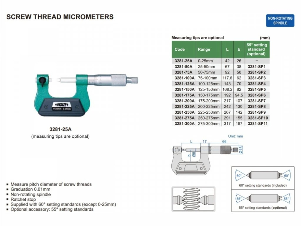 Micrometru filete exterioare INSIZE 0-25 mm, rezolutie 0,01 mm, cu arbore fix [2]