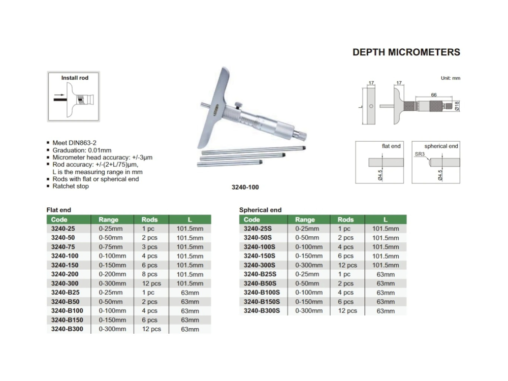 Micrometru mecanic de adancime INSIZE 0-300mm, rezolutie 0,01mm, talpa 101,5mm, tija plata [2]
