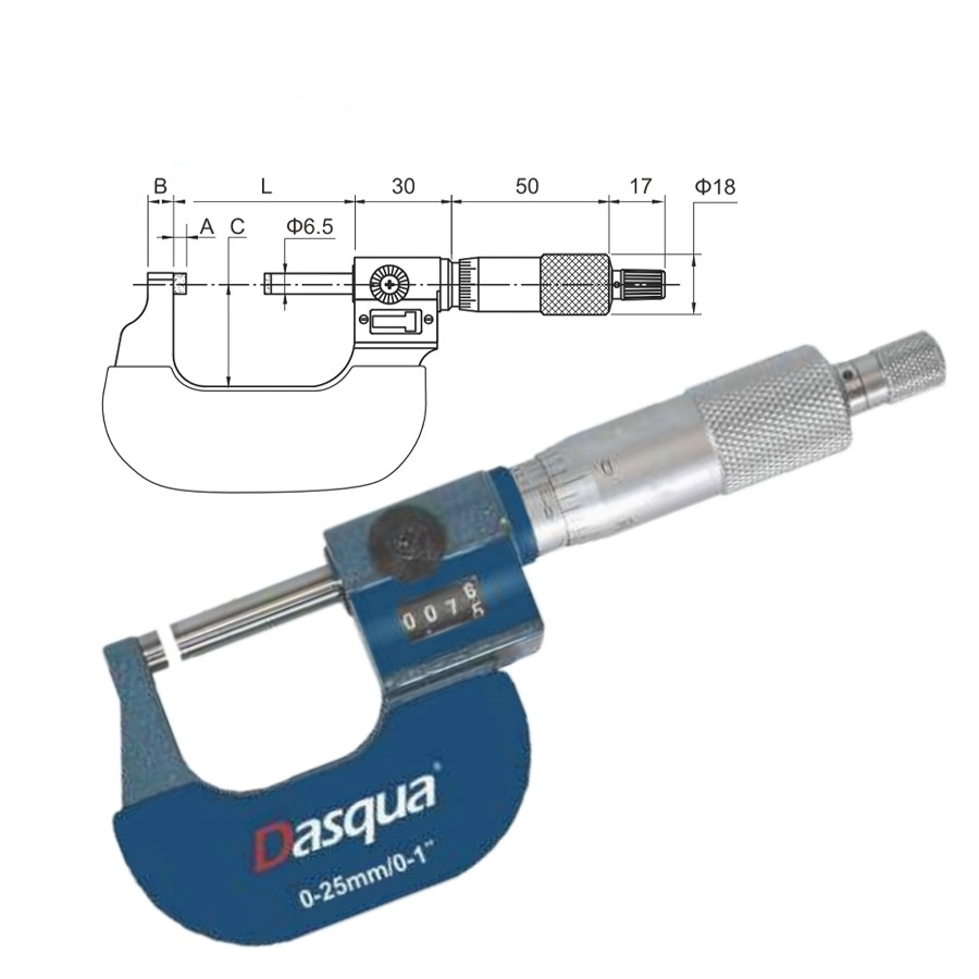 Micrometru mecanic exterior cu contor Dasqua 0–25mm, rezolutie 0,01mm, precizie +/-0,004mm [2]