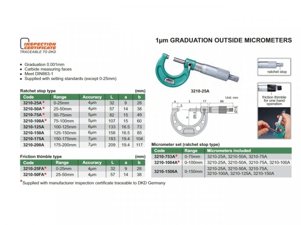 Micrometru mecanic INSIZE 25-50 mm, rezolutie 0,001 mm, clichet, carbura [2]