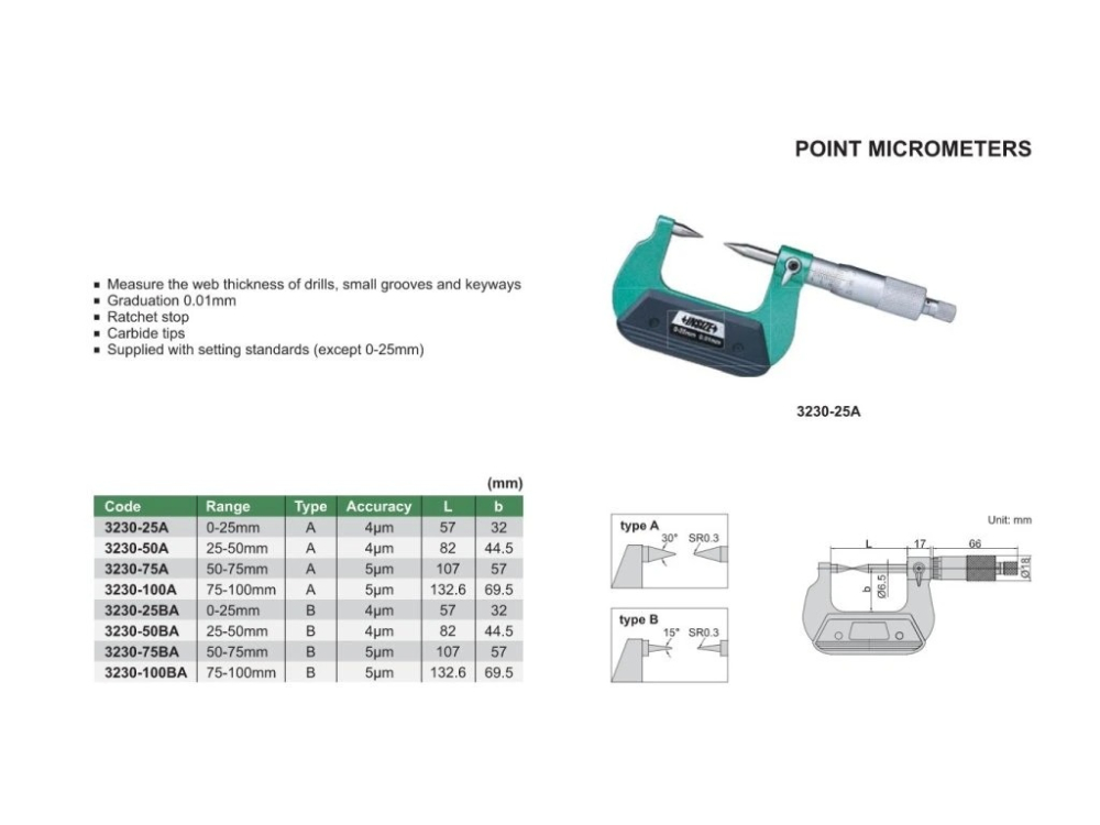 Micrometru mecanic cu varfuri ascutite 30° INSIZE 75-100 mm, rezolutie 0,01 mm, tip A [2]