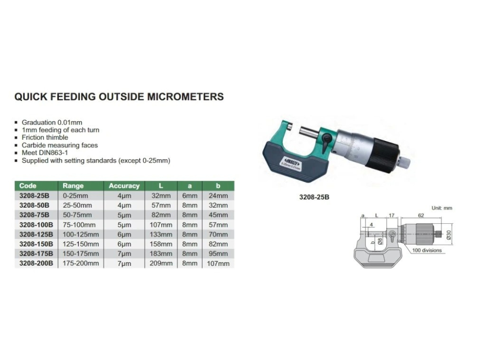 Micrometru mecanic rapid INSIZE 25-50 mm, rezolutie 0,01 mm, carbura, DIN863-1 [2]