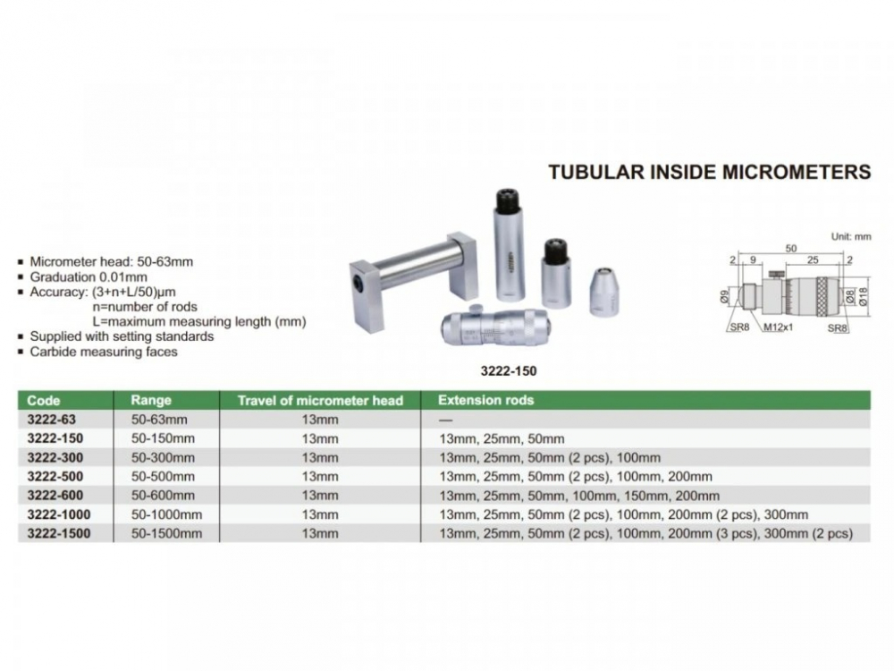 Micrometru mecanic tubular de interior INSIZE 50-150mm, rezolutie 0,01mm, cu tije extensie [2]