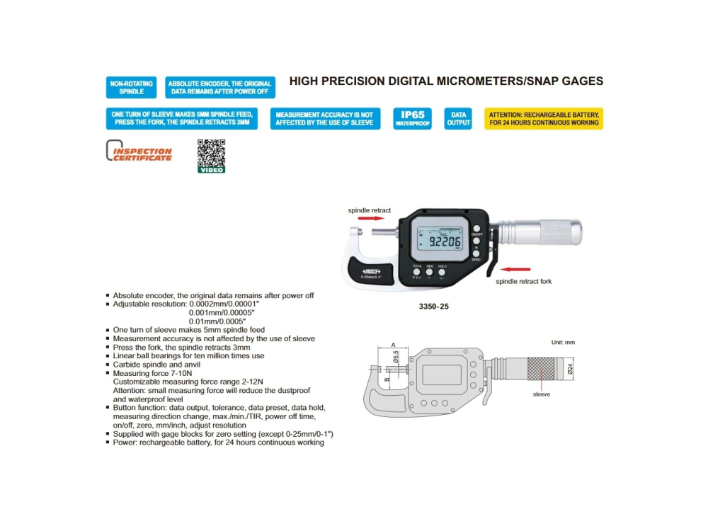Pasametru digital de inalta precizie INSIZE 0-25mm x 0,0002mm, cu Certificat de Etalonare Metrologica [2]