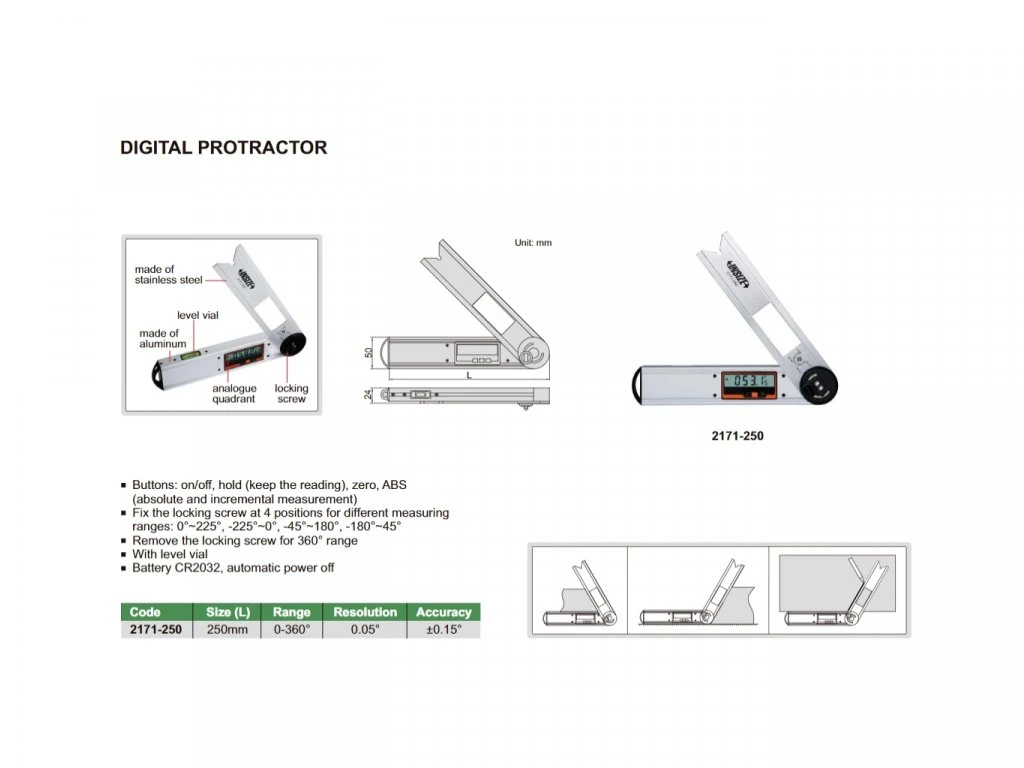 Raportor digital INSIZE 0–360°, rezolutie 0,05°, lungime 250mm, precizie +/-0,15° [2]