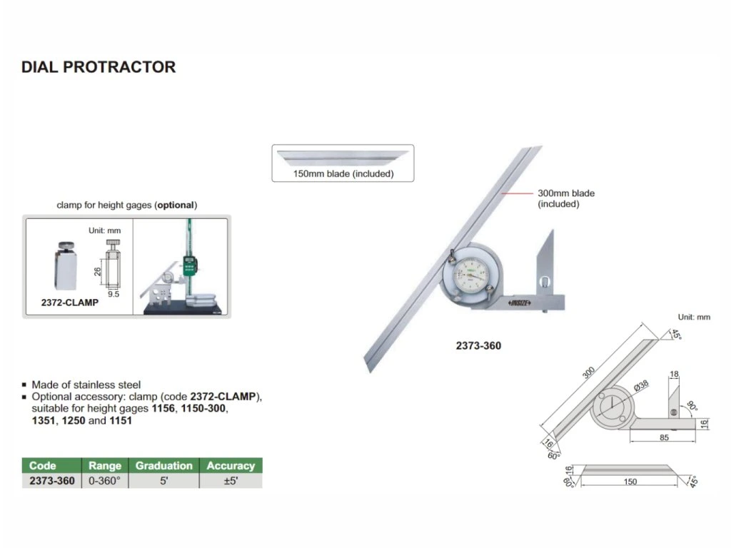 Raportor mecanic cu cadran INSIZE 0–360°, precizie ±5', lame 150mm si 300mm [2]
