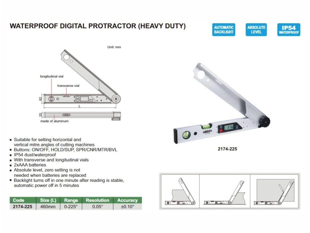 Raportor digital INSIZE 0–225°, rezolutie 0,05°, lungime 460mm, IP54 [2]
