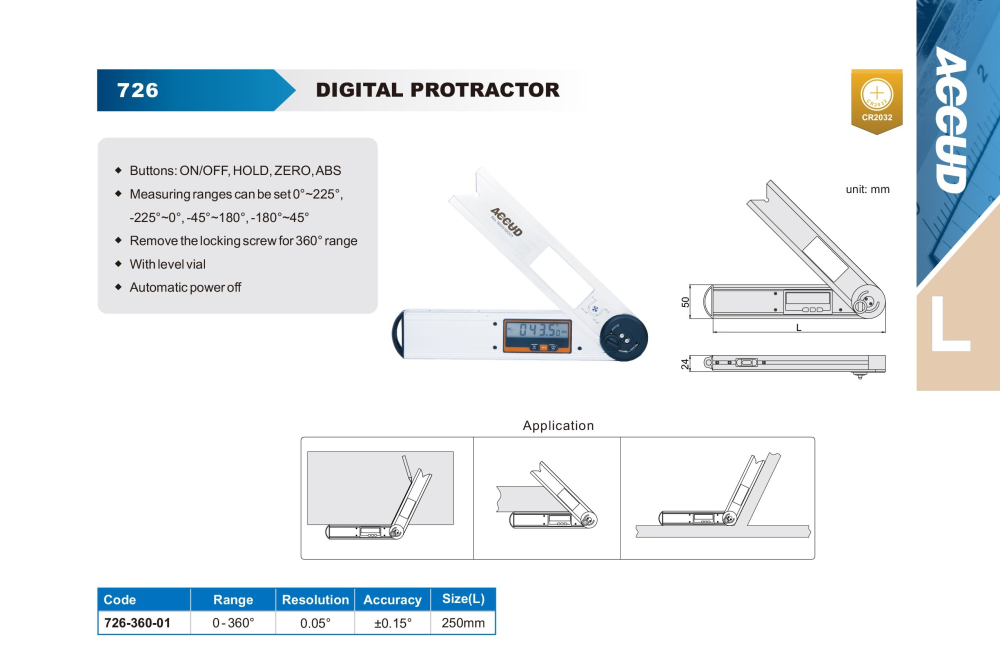 Raportor digital profesional ACCUD 0–360°, rezolutie 0,05°, lungime 250mm, precizie +/-0,15° [2]