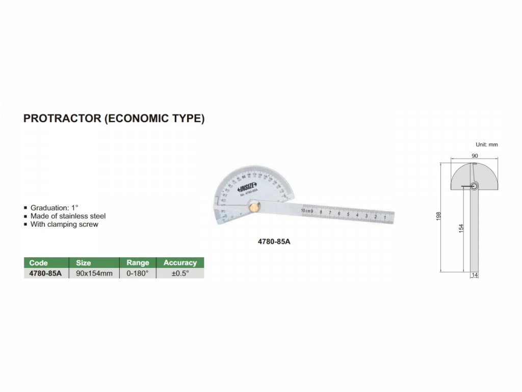 Raportor INSIZE 0–180°, 90x154 mm, otel inoxidabil, precizie +/-0,5° [2]