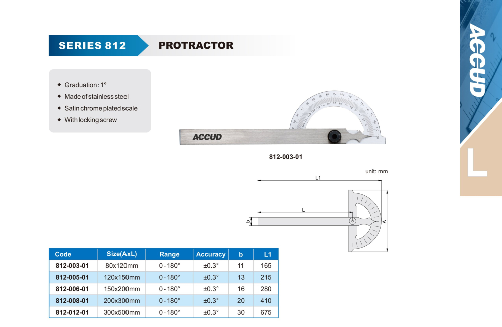 Raportor mecanic ACCUD 80x120 mm, 0-180°, precizie 0,3°, otel inoxidabil [2]