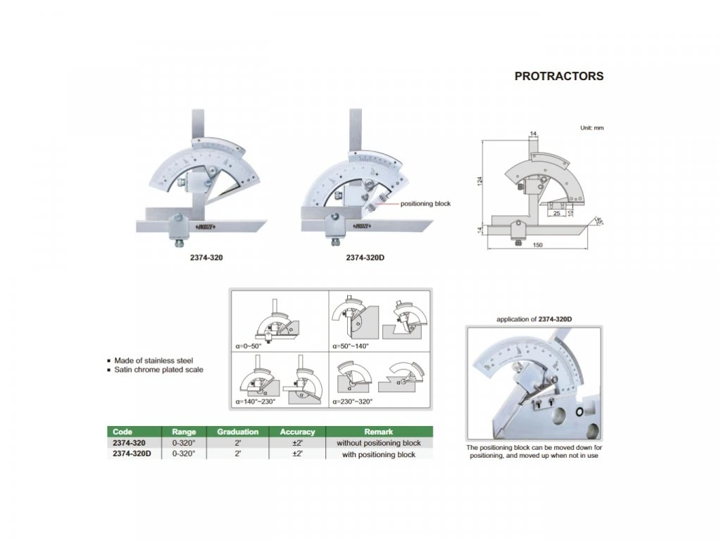 Raportor mecanic INSIZE 0–320°, pentru muchii interioare si exterioare, precizie +/-2' [2]