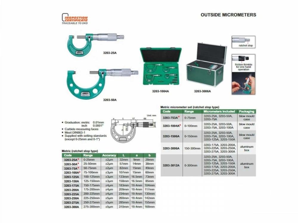 Set 6 micrometre mecanice INSIZE 0-150 mm, rezolutie 0.01 mm, cu clichet, DIN863-1 [3]