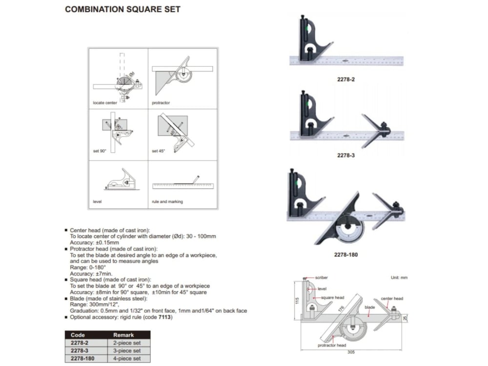 Set echer combinat 4 piese INSIZE, rigla 300 mm, echer 45°/90°, raportor 0-180°, cap centrare [2]