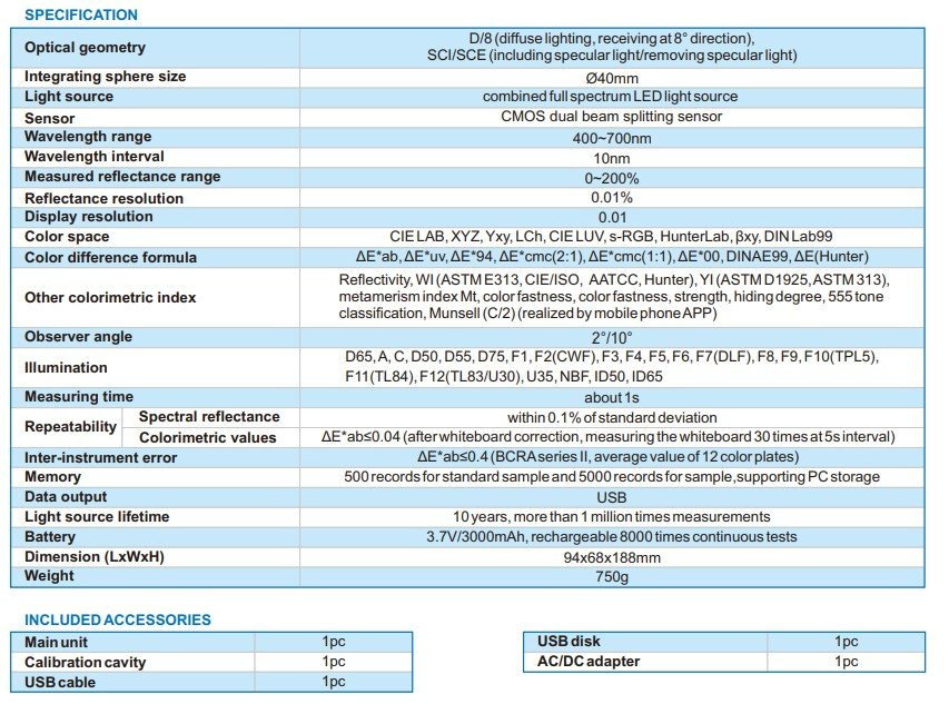 Spectrofotometru portabil ACCUD CM300, geometrie D/8, SCI/SCE, senzori CMOS, spectru 400-700nm, memorie interna, baterie reincarcabila, conectivitate USB si software inclus [3]