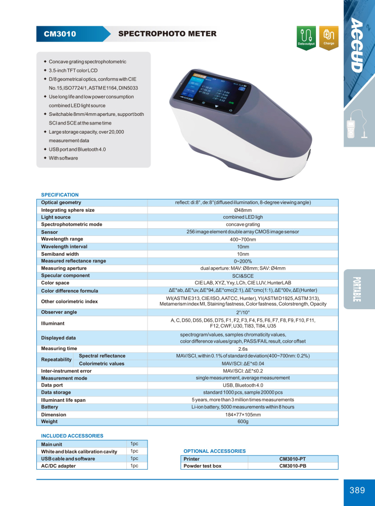 Spectrofotometru portabil ACCUD CM3010, dubla apertura MAV Ø8mm si SAV Ø4mm, geometrie D/8, SCI/SCE, retea concava, senzori CMOS, USB si Bluetooth [2]