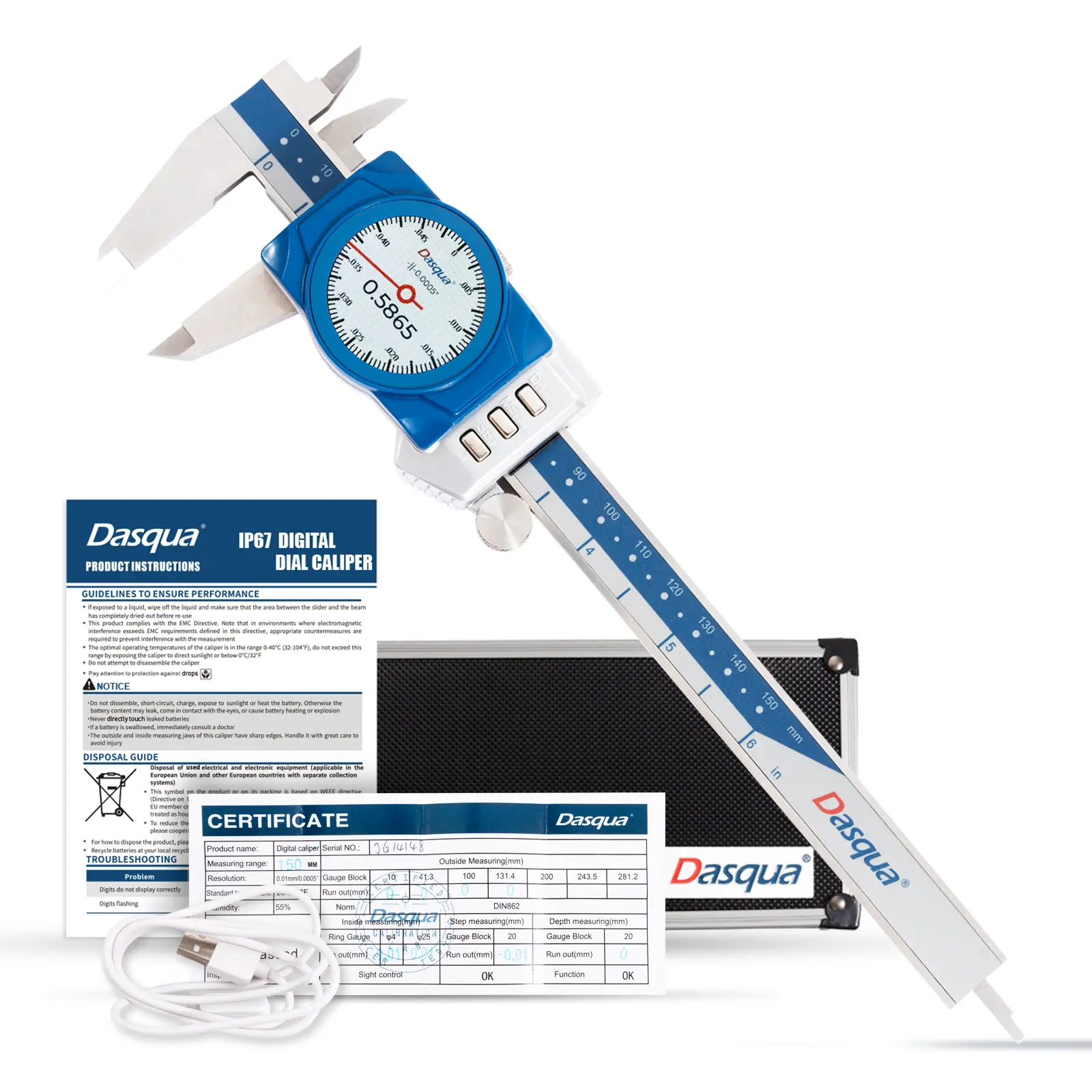 Subler digital cu cadran Dasqua 150mm, rezolutie 0.01mm, IP67, sistem inductiv, baterie reincarcabila [2]