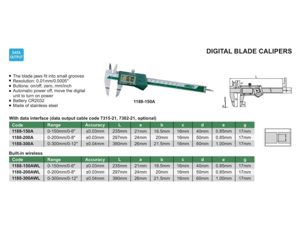 Subler digital cu ciocuri subtiri INSIZE 150mm, rezolutie 0.01mm, precizie +/-0.03mm [2]