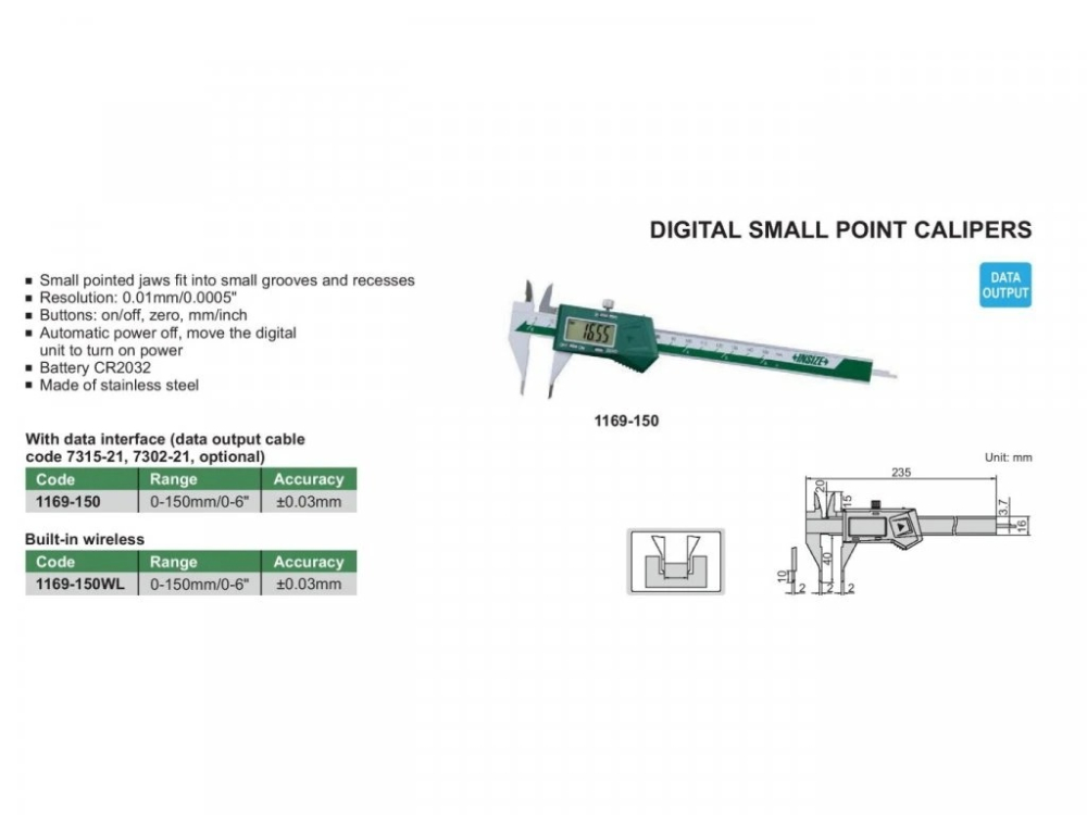 Subler digital cu varfuri inguste tip lama INSIZE 150mm, rezolutie 0.01mm, precizie +/-0.03mm [2]