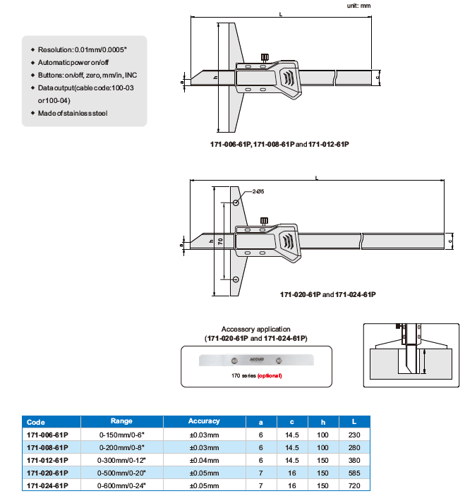 Subler digital de adancime tip P ACCUD 200mm x 0.01mm baza 100mm [2]