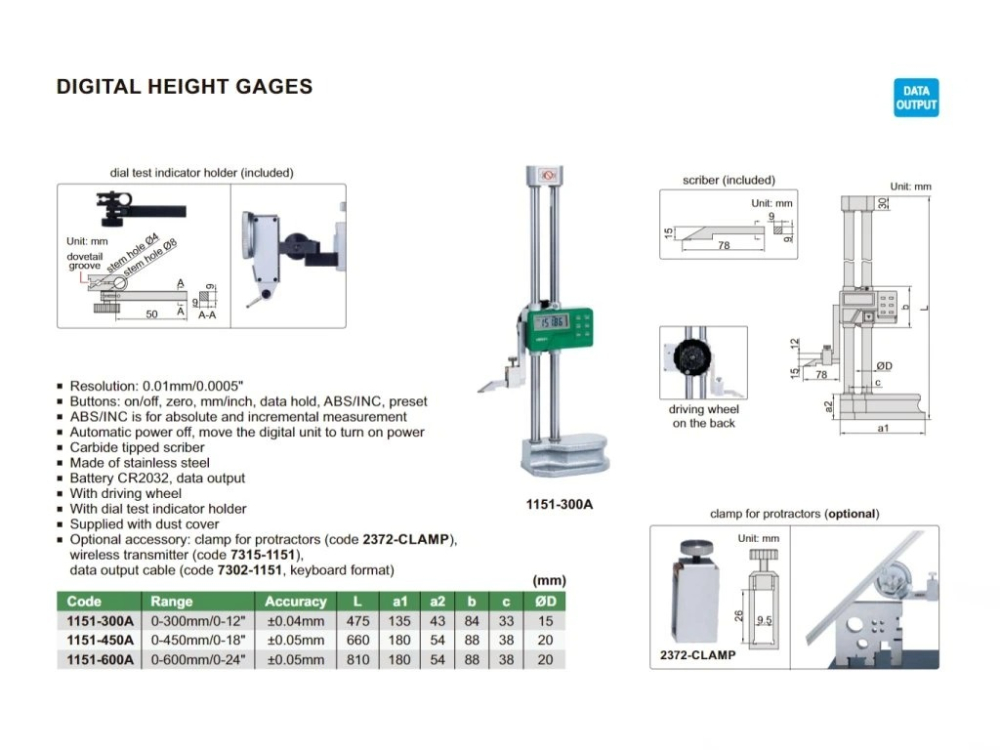 Subler digital de inaltime INSIZE 0-450 mm, cu coloana dubla, rezolutie 0,01 mm [2]