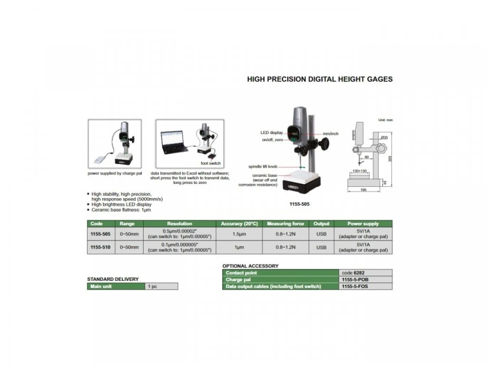 Subler digital de inaltime INSIZE 0-50 mm, de mare precizie 1,5 µm, suprafata ceramica [2]