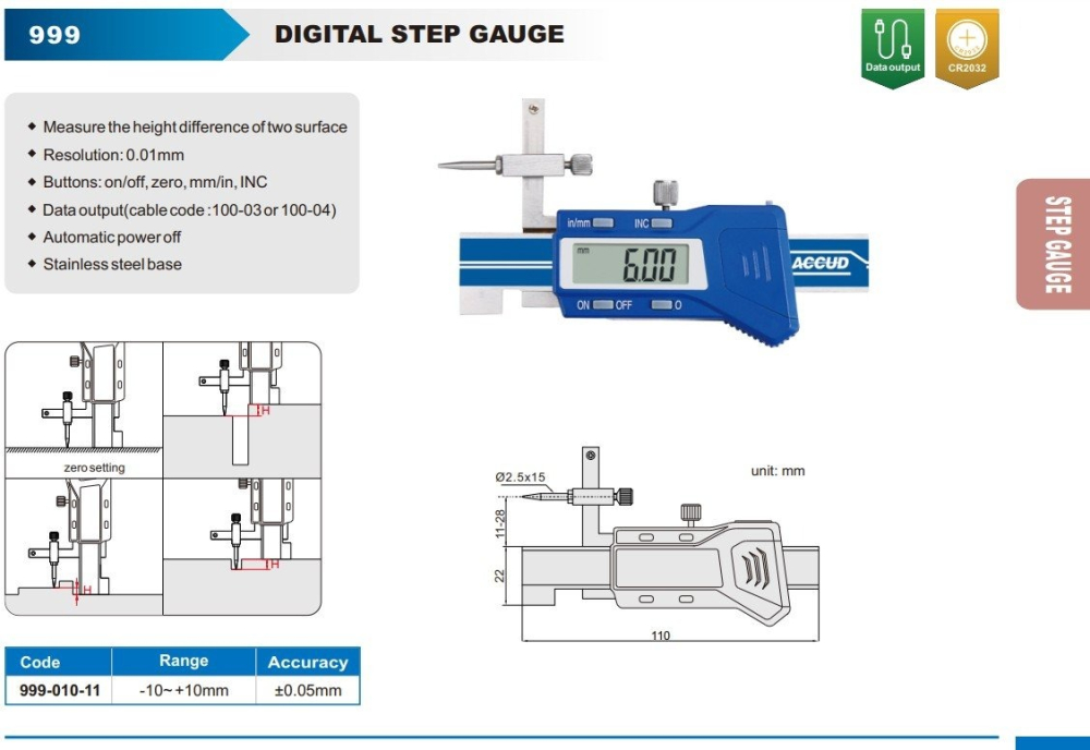 Subler digital de inaltime treapta ACCUD -10..+10mm x 0.01mm, precizie +/-0.05mm [2]