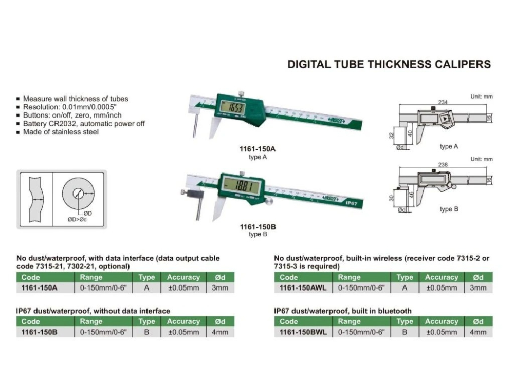Subler digital pentru masurat grosimea peretilor tevilor INSIZE 150mm, rezolutie 0,01mm, precizie +/-0,05mm [2]