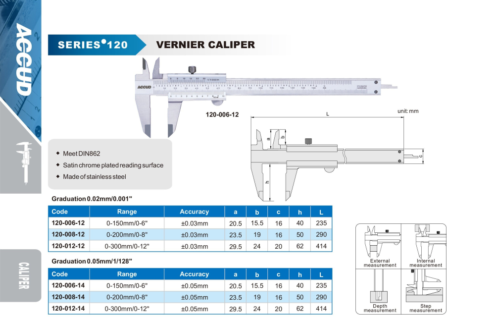 Subler mecanic ACCUD 0-200mm x 0.02mm, precizie +/- 0.03 mm, otel inoxidabil [2]