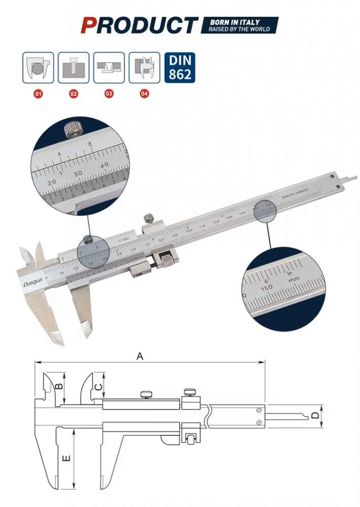 Subler mecanic Dasqua 200mm, rezolutie 0,05mm, reglaj fin, vernier monobloc [6]