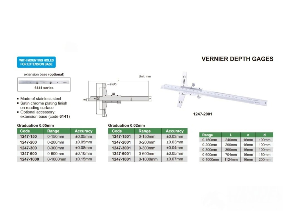 Subler mecanic de adancime cu gauri de extensie INSIZE 0-300 mm, diviziune 0.02 mm [2]