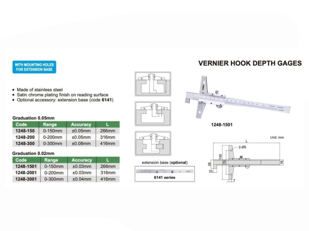 Subler mecanic de adancime cu carlig INSIZE 0-200 mm, diviziune 0.02 mm, precizie +/-0.03 mm [3]