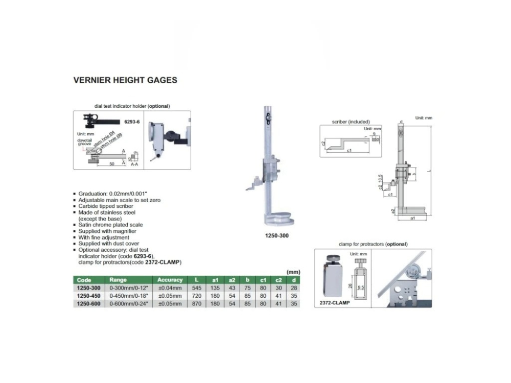 Subler mecanic de inaltime cu lupa INSIZE 0-300mm, rezolutie 0.02mm, precizie ±0.04mm, varf carbid [2]