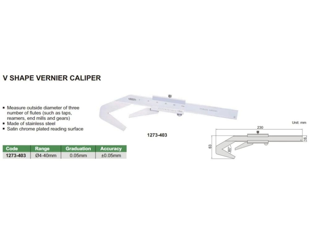 Subler mecanic in forma de V INSIZE Ø4-40mm, rezolutie 0.05mm, precizie ±0.05mm, inox [2]